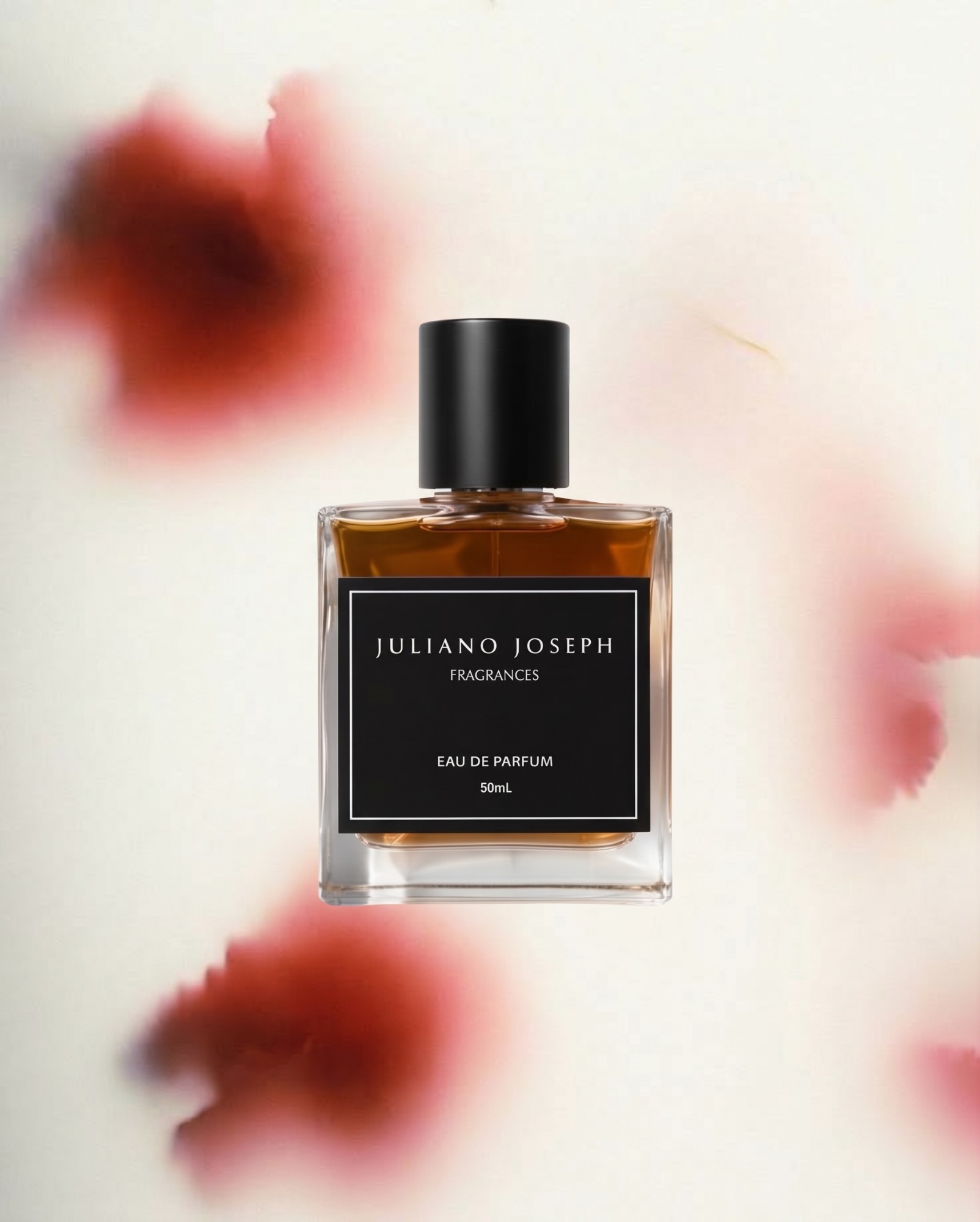 Bottle floating over blurred red rose petals