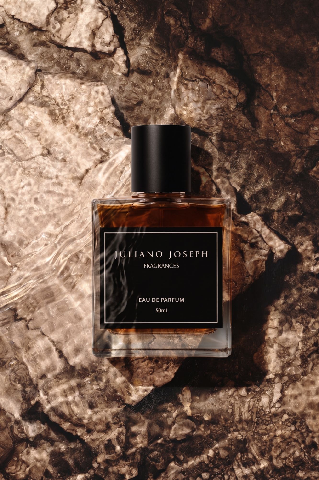 Bottle resting on wet amber stone