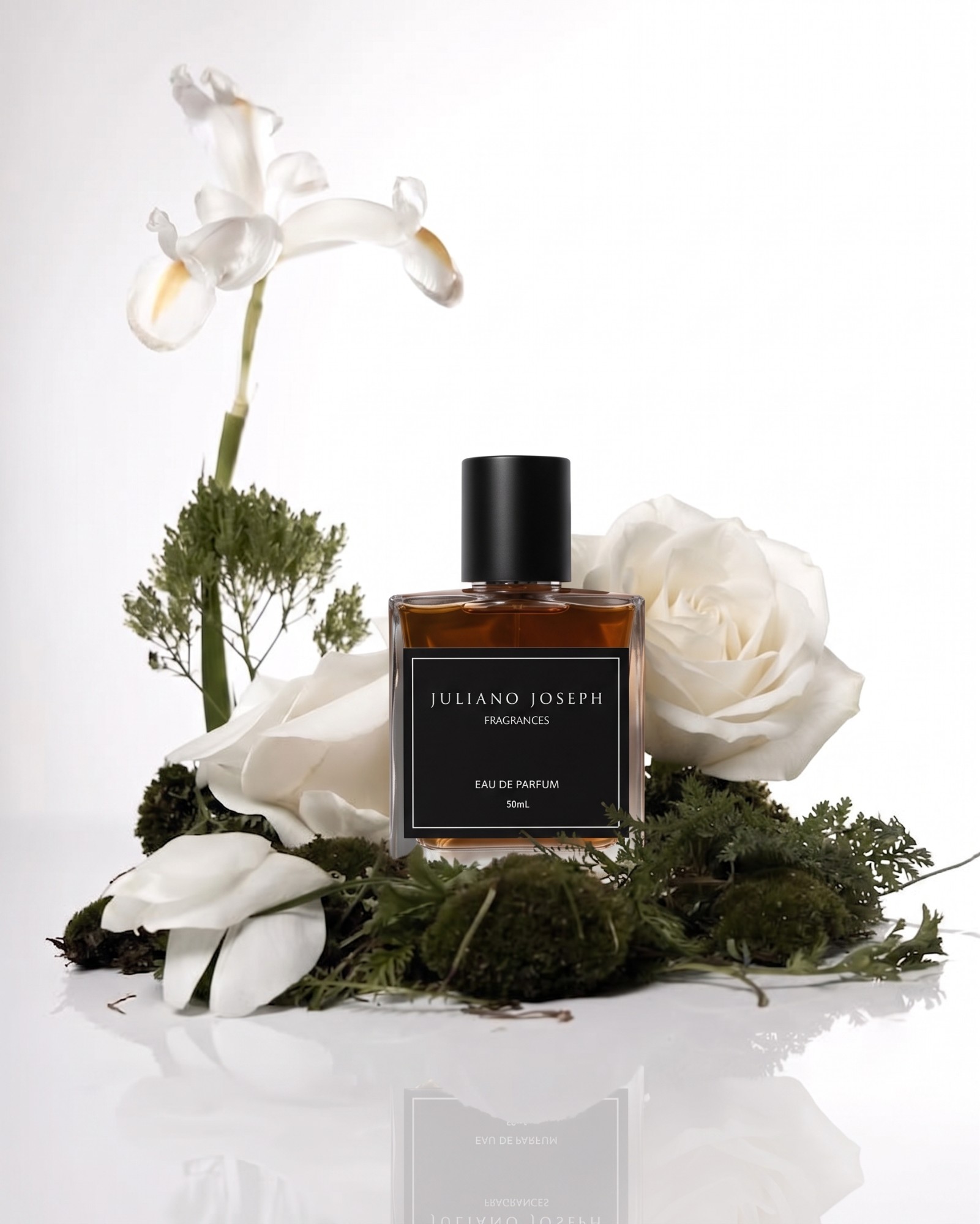 Bottle among white roses, iris and moss